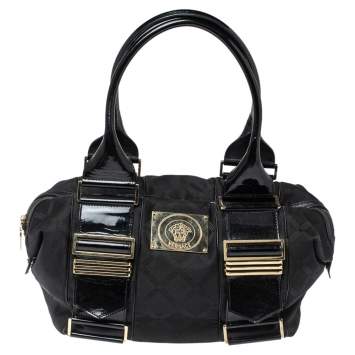 Pre Owned Versace Black Fabric and Patent Leather Medusa Logo Tote
