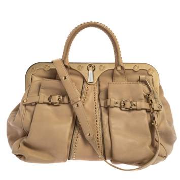 Pre Owned Versace Beige Leather Studded Frame Satchel 