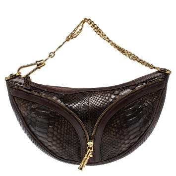مملوكة مسبقًا Versace Dark Brown Python Zip Detail Half Moon Hobo 