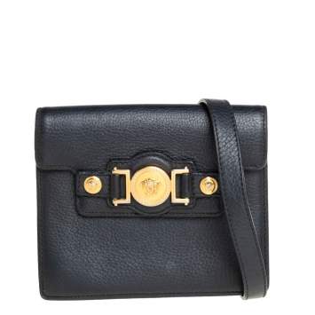 Pre Owned Versace Black Leather Medusa Buckle Flap Crossbody Bag