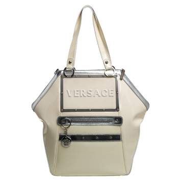 Pre Owned Versace Offf White/Silver Patent And Leather Hit Satchel