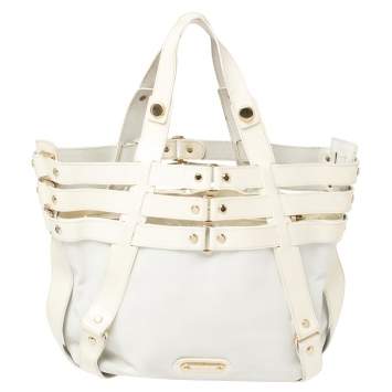 Pre Owned Versace White/Ivory Patent and Leather Cutout Tote