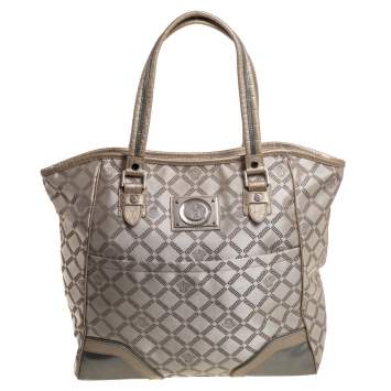 Pre Owned Versace Beige Monogram Fabric and Croc Embossed Leather Tote