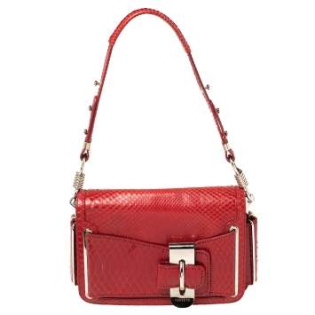 Pre Owned Versace Red Python and Suede Flap Shoulder Bag