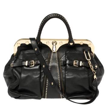 Pre Owned Versace Black Leather Studded Reve Frame Satchel