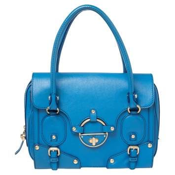Pre Owned Versace Blue Leather Buckle Embellished Satchel