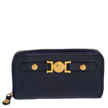 Pre Owned  Versace Blue Leather Medusa Zip Around Wallet