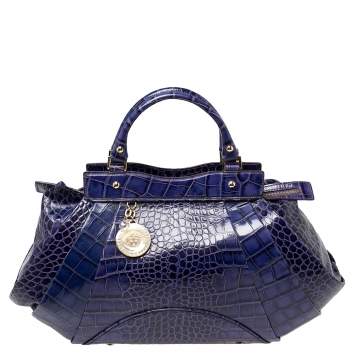 Pre Owned Versace Indigo Blue Croc Embossed Leather Logo Charm Satchel