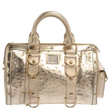 Pre Owned Versace Gold Ostrich Embossed Leather Snap Out Of It Satchel