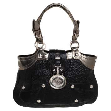 Pre Owned Versace Black/Metallic Leather Medusa Plaque Flap Satchel 