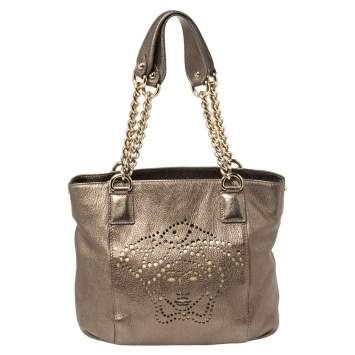 Pre Owned Versace Metallic Perforated Logo Leather Chain Hobo