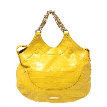 Pre Owned Versace Yellow Croc Embossed Leather Kiss Shoulder Bag