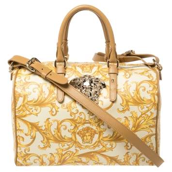 Pre Owned Versace Mustard/Beige Printed Coated Canvas and Leather Medusa Boston Bag
