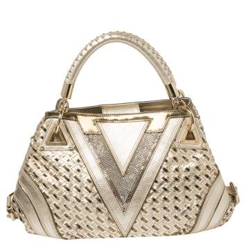 Pre Owned Versace Metallic Gold Woven Leather Crystal Embellished V Satchel