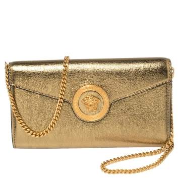 Pre Owned Versace Metallic Gold Leather Medusa Wallet on Chain