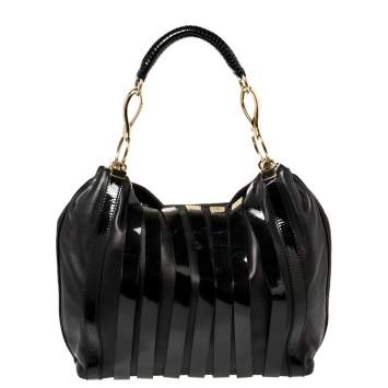 Pre Owned Versace Black Patent and Leather Stripe Logo Hobo