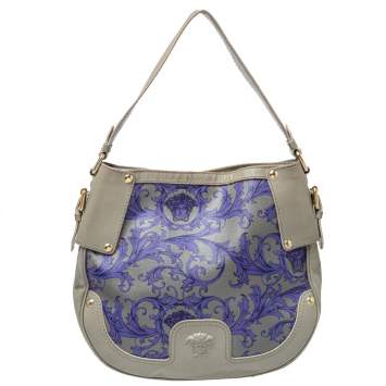 Pre Owned Versace Grey/Blue Majolica Print Leather Hobo 