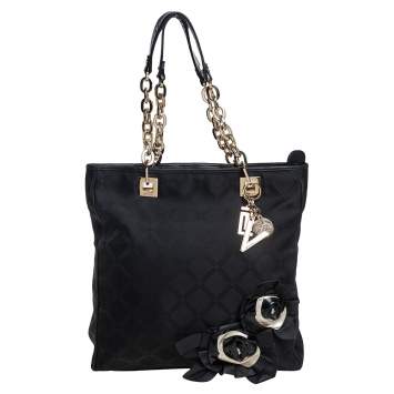 Pre Owned Versace Black Monogram Canvas and Fabric Floral Applique Tote