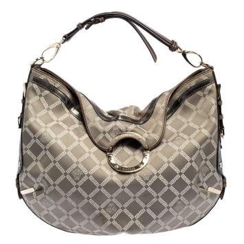 Pre Owned Versace Metallic Grey Signature Canvas and Leather Trim Hobo