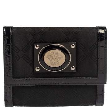 Pre Owned Versace Black Signature Nylon and Croc Embossed Patent Leather Flap Compact Wallet