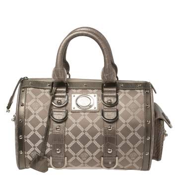 Pre Owned Versace Metallic Grey Signature Canvas and Croc Embossed Leather Snap Out Of It Satchel