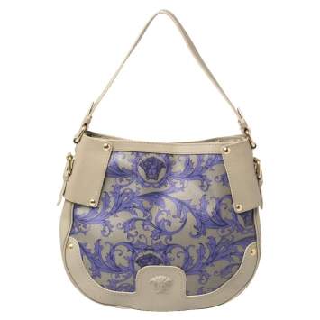 Pre Owned Versace Grey/Purple Majolica Print Leather Hobo 