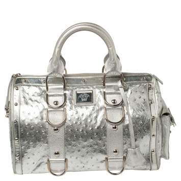 Pre Owned Versace Silver Ostrich Embossed Leather Snap Out Of It Satchel