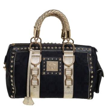 Pre Owned Versace Black Monogram Fabric and Leather Snap Out Of It Satchel