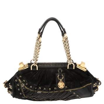 Pre Owned Versace Black Suede/Calfhair and Lizard Embossed Corset Frame Shoulder Bag