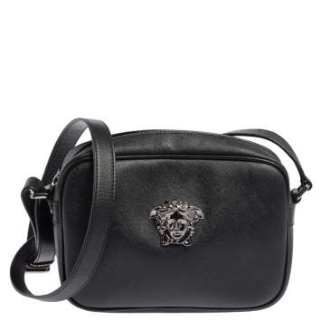 Pre Owned Versace Black Leather Medusa Crossbody Bag 