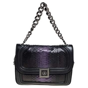 Pre Owned Versace Black/Metallic Purple Python, Leather and Suede Trim Medusa Chain Flap Shoulder Bag