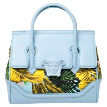 Pre Owned Versace Blue Leather And Desert Palm Print Fabric Palazzo Empire Satchel
