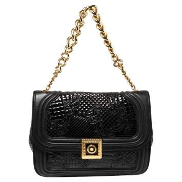 Pre Owned Versace Black Leather and Patent Leather Chain Flap Shoulder Bag