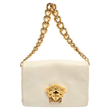 Pre Owned Versace White Leather Medusa Flap Shoulder Bag