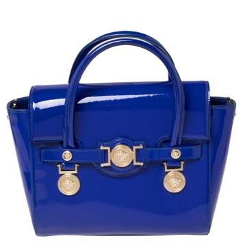 Pre Owned Versace Blue Patent Leather Medium Medusa Medallion Tote