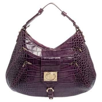 Pre Owned Versace Purple Croc Embossed Leather Hobo