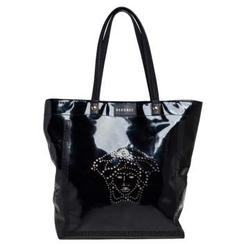 Pre Owned Versace Black Patent Leather Perforated Medusa Shopper Tote