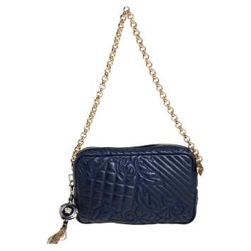 Pre Owned Versace Blue Leather Embroidered Vanitas Shoulder bag
