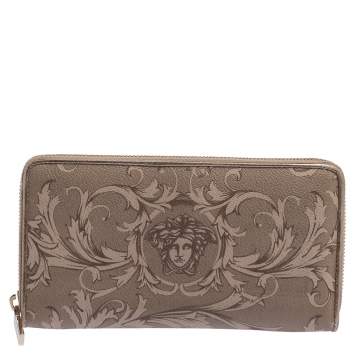 Pre Owned Versace Grey Barocco Print Coated Canvas Zip Around Wallet  