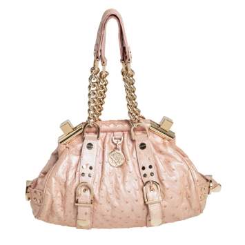 Pre Owned Versace Peach Ostrich Embossed Leather Madonna Satchel