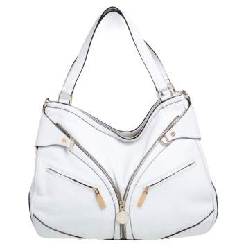 Pre Owned Versace White Pebbled Leather Biker Hobo