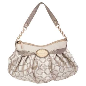Pre Owned Versace Gold Monogram Fabric and Leather Logo Plate Hobo