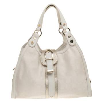 Pre Owned Versace White Signature Canvas And Leather Buckle Hobo