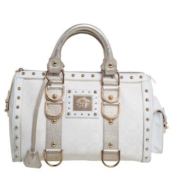 Pre Owned Versace Off White/Gold Monogram Fabric and Leather Snap Out Of It Satchel