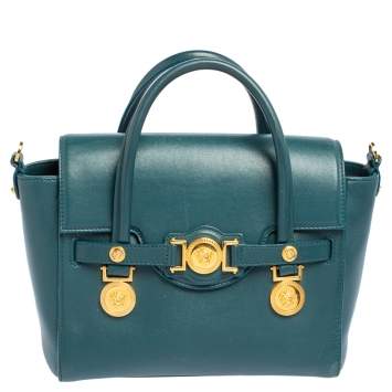 Pre Owned Versace Teal Green Leather Small Medusa Medallion Tote
