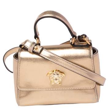 Pre Owned Versace Gold Leather Medusa Flap Crossbody Bag