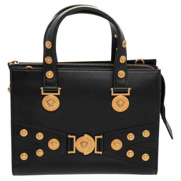 Pre Owned Versace Black Leather Medusa Embellished Tribute Tote