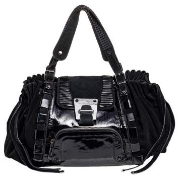 Pre Owned Versace Black Patent Leather And Suede Flap Tote
