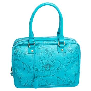 Pre Owned Versace Turquoise Printed Coated Canvas and Leather Zip Boston Bag