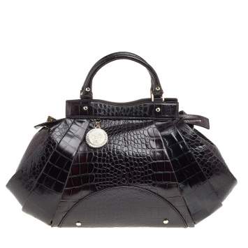 Pre Owned Versace Black Croc Embossed Leather Satchel